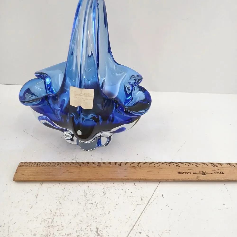Crystal Clear Basket Hand Blown Art Glass Blue/Pink 7.5